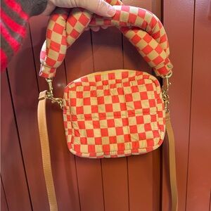 Clare V Lucie Quilted Red and Cream Checkered Crossbody Bag